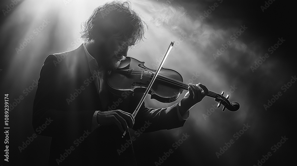 Fototapeta premium Dramatic Black and White Portrait of a Violinist Performing