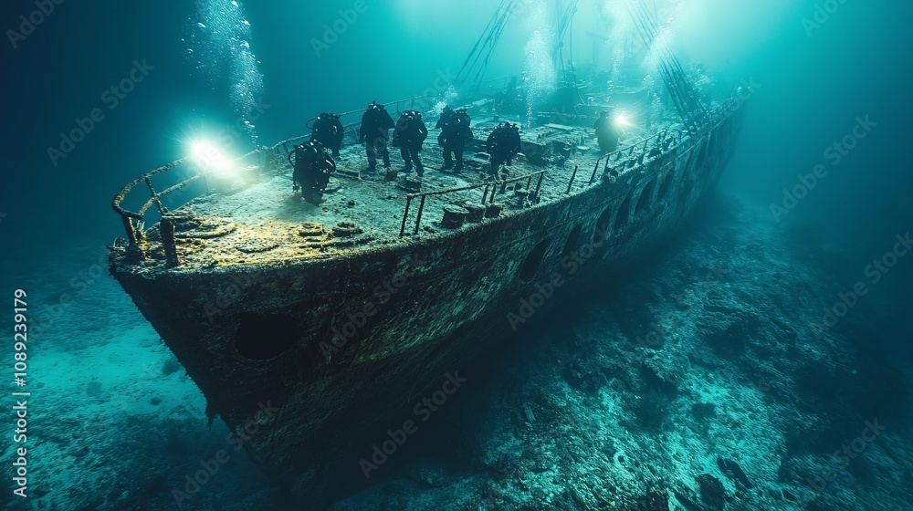 A team of divers underwater, examining the ship. They shine their flashlights on strange, grotesque faces scratched into the metal as if watching them. A team of divers underwater, examining the ship. They shine their flashlights on strange, grotesque faces scratched into the metal as if watching them.