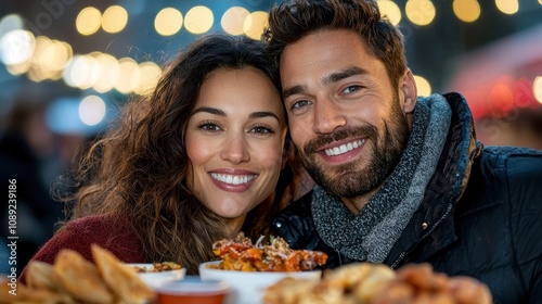 Affectionate man and woman embracing and smiling on a festive illuminated city street at night during the winter season enjoying a romantic holiday or vacation together