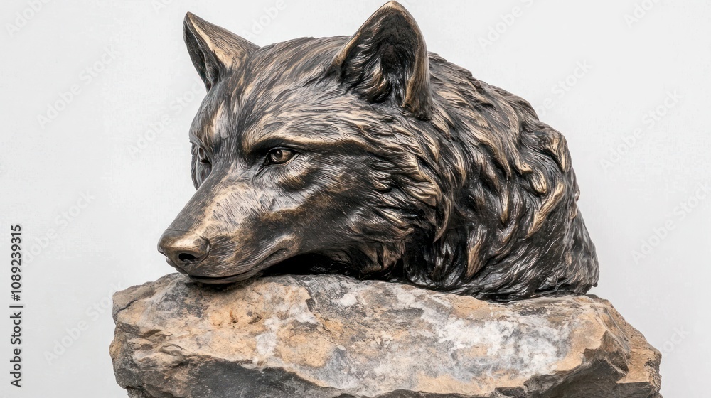 A bronze sculpture of a wolf's head resting on a rock. A bronze sculpture of a wolf's head resting on a rock.