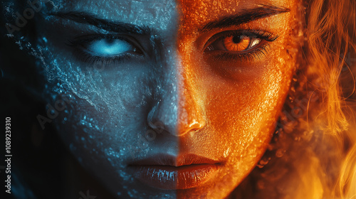 Fiery Duality of Ice and Flame: Dramatic Split Portrait