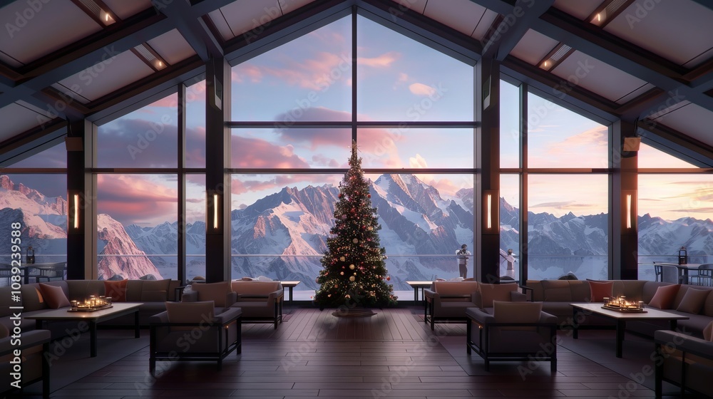 Cozy lodge with mountain view and Christmas tree. Cozy lodge with mountain view and Christmas tree.