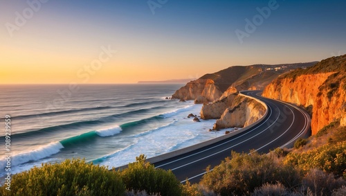 Majestic Seaside Highway Along the Algarve Cliffs with Beautiful Ocean Waves at Sunrise Creating a Serene Coastal Landscape