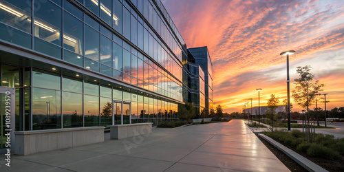 Commercial Building with Glass Windows and Dramatic Sky