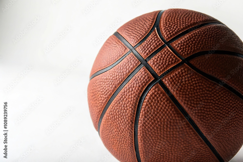 Fototapeta premium Close-up of a basketball ball against a plain white background with slight shading and reflections, detail, reflection, close-up, shadow, sports