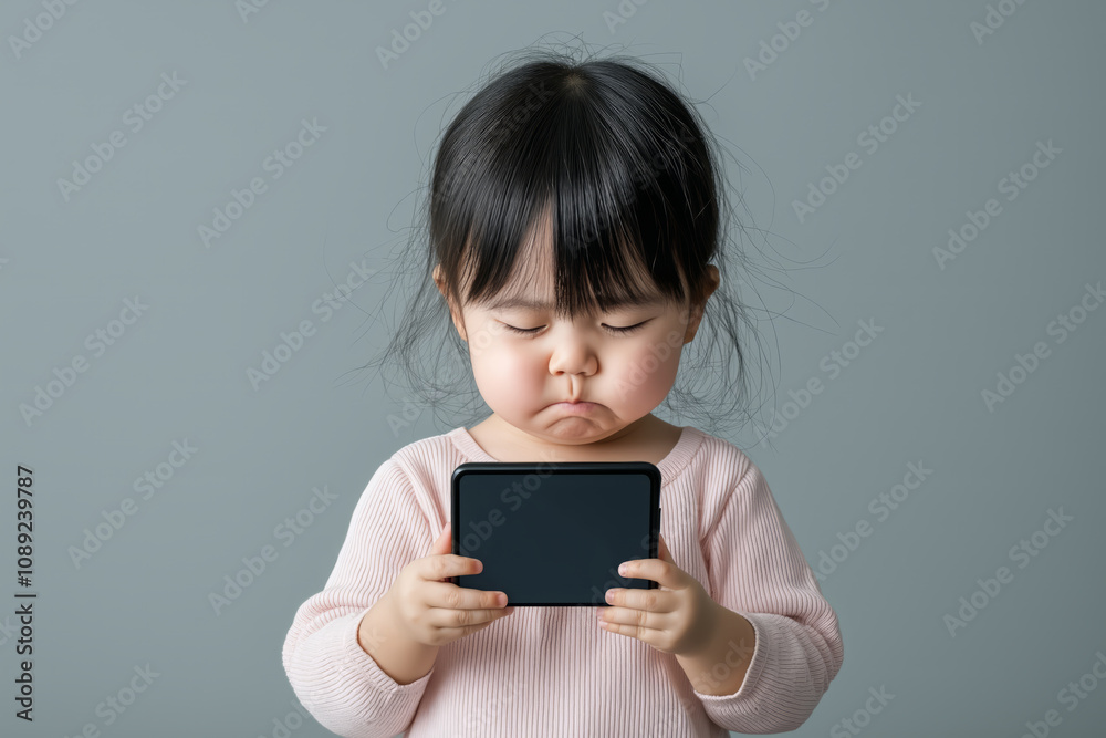 child with sad expression holding phone, feeling disappointed