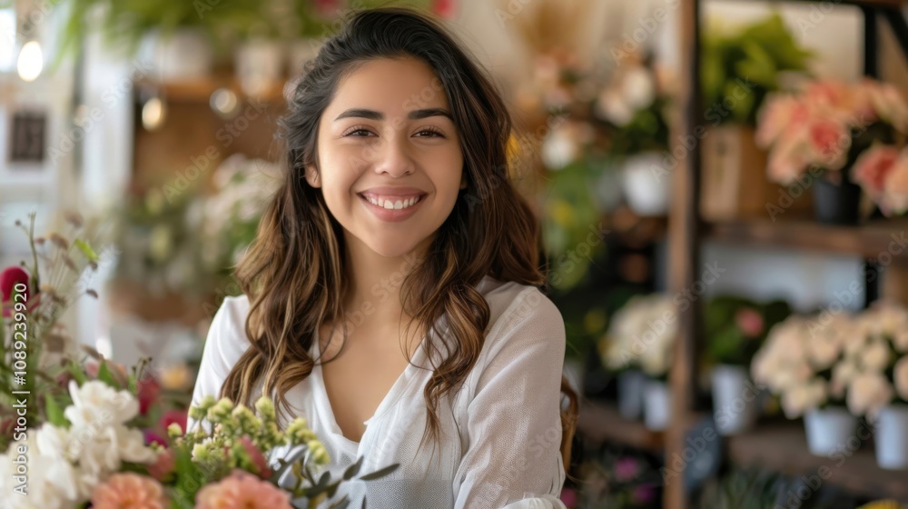 A cheerful young Hispanic woman surrounded by beautiful flowers in a vibrant floral shop A cheerful young Hispanic woman surrounded by beautiful flowers in a vibrant floral shop