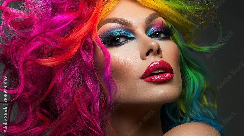 A vibrant portrait of a woman with rainbow-hued locks, showcasing her unique beauty through bold makeup and an intricate coiffure that frames her stunning face. A vibrant portrait of a woman with rainbow-hued locks, showcasing her unique beauty through bold makeup and an intricate coiffure that frames her stunning face.