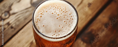 A a frothy beer on a wooden table, ideal for beverage-themed visuals. photo