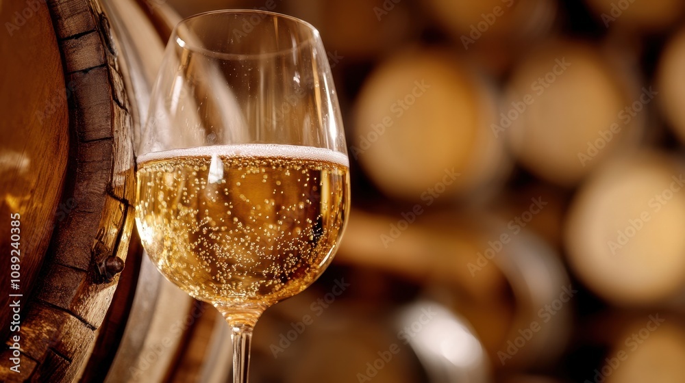 Obraz premium Sparkling Wine in Elegant Glass with Wooden Barrels in Background, Capturing the Essence of Wine Culture and Sophistication During a Festive Occasion