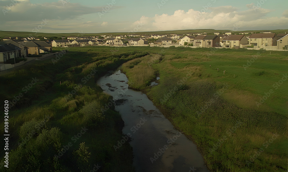 Naklejka premium Serene aerial view of a tranquil river meandering through a residential area, showcasing a harmonious blend of nature and modern housing.