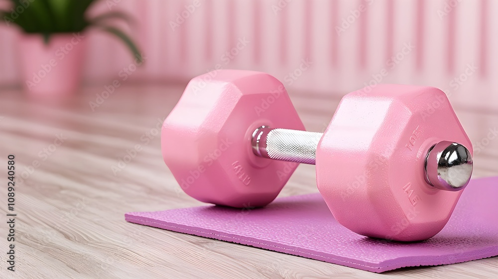 Fitness routine with pink dumbbells home gym equipment bright environment close-up health and wellness Fitness routine with pink dumbbells home gym equipment bright environment close-up health and wellness