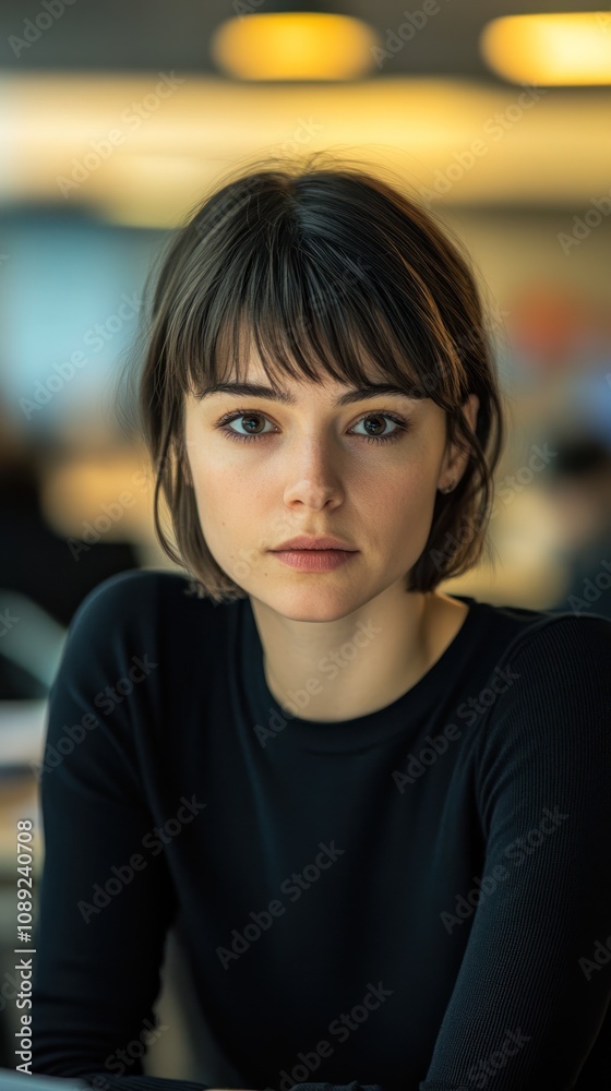 A young woman with a serious expression sits at a table, focused and contemplative. A young woman with a serious expression sits at a table, focused and contemplative.