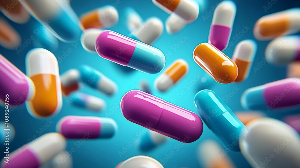 Colorful Pills and Capsules Flying in Air with 3D Dreamy Effect on Blue Background - Dynamic Chaos and Motion Concept