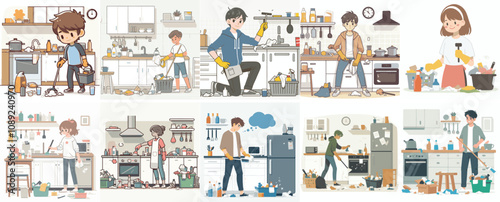 vector, a teenager, is cleaning a dirty kitchen with a simple and minimalist flat design style. white background
