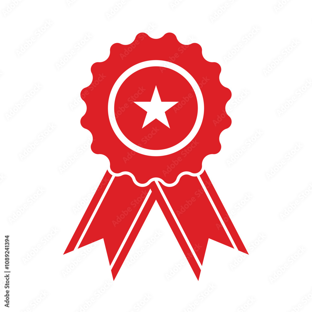 Red badge with red ribbon in trendy flat style isolated on white background. award icon. approved or certified medal icon Red badge with red ribbon in trendy flat style isolated on white background. award icon. approved or certified medal icon