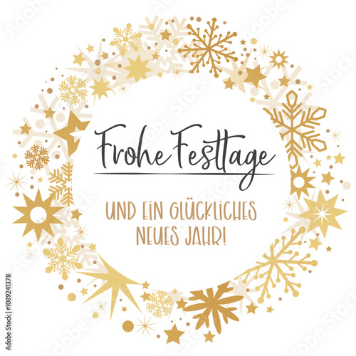 Frohe Festtage und ein glückliches neues Jahr - Weihnachtskarte mit Sternen-Kranz und deutschem Text