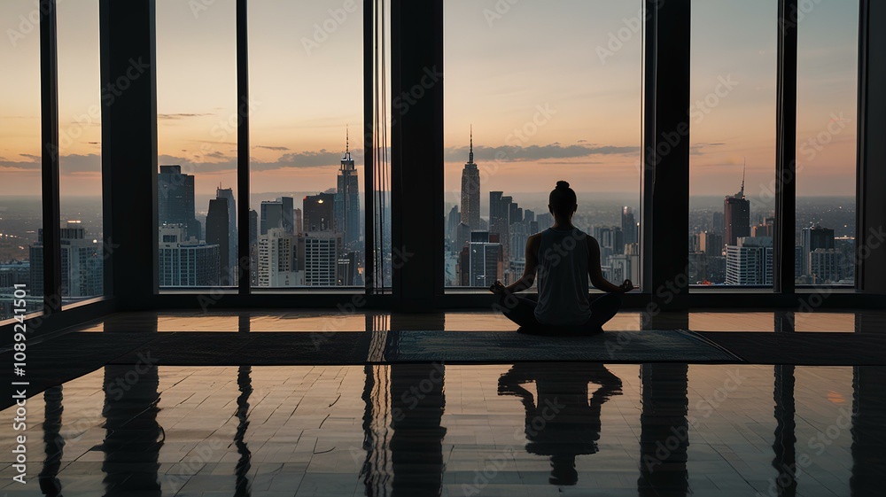 A person meditating in a high-rise apartment, symbolizing balance. A person meditating in a high-rise apartment, symbolizing balance.