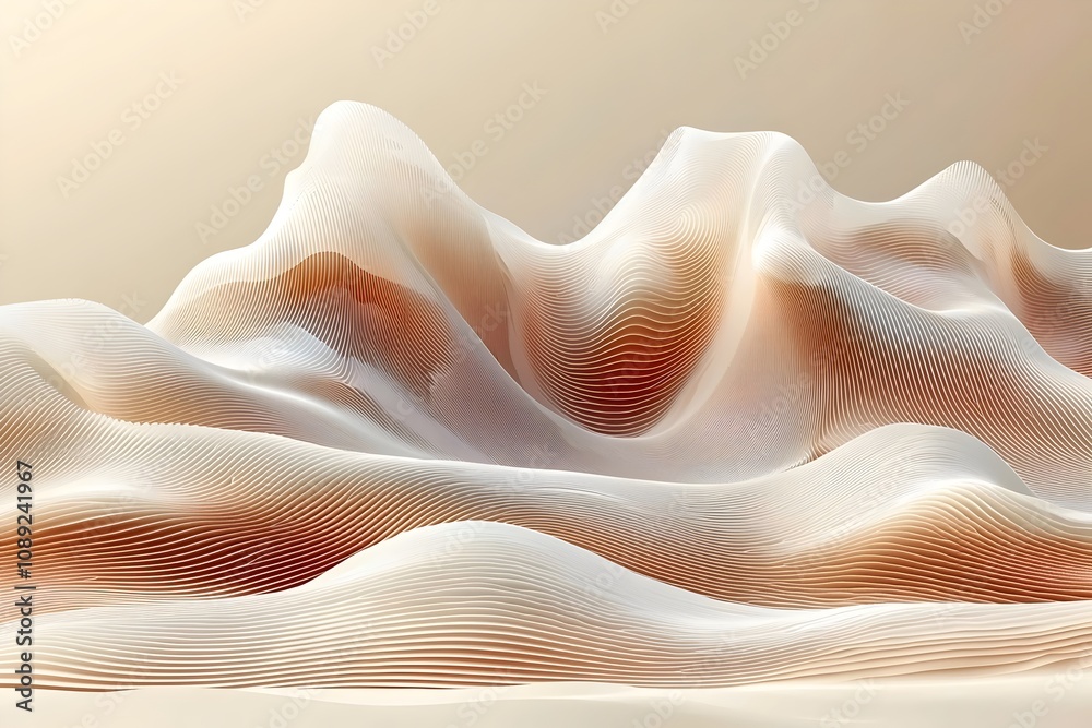 A mesmerizing view of smooth, flowing wave-like shapes in soft beige and cream tones, creating a serene and tranquil atmosphere, reminiscent of rolling hills or sand dunes. A mesmerizing view of smooth, flowing wave-like shapes in soft beige and cream tones, creating a serene and tranquil atmosphere, reminiscent of rolling hills or sand dunes.
