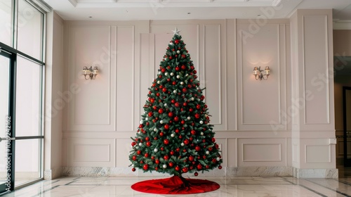 Elegant Christmas tree in a stylish lobby setting.