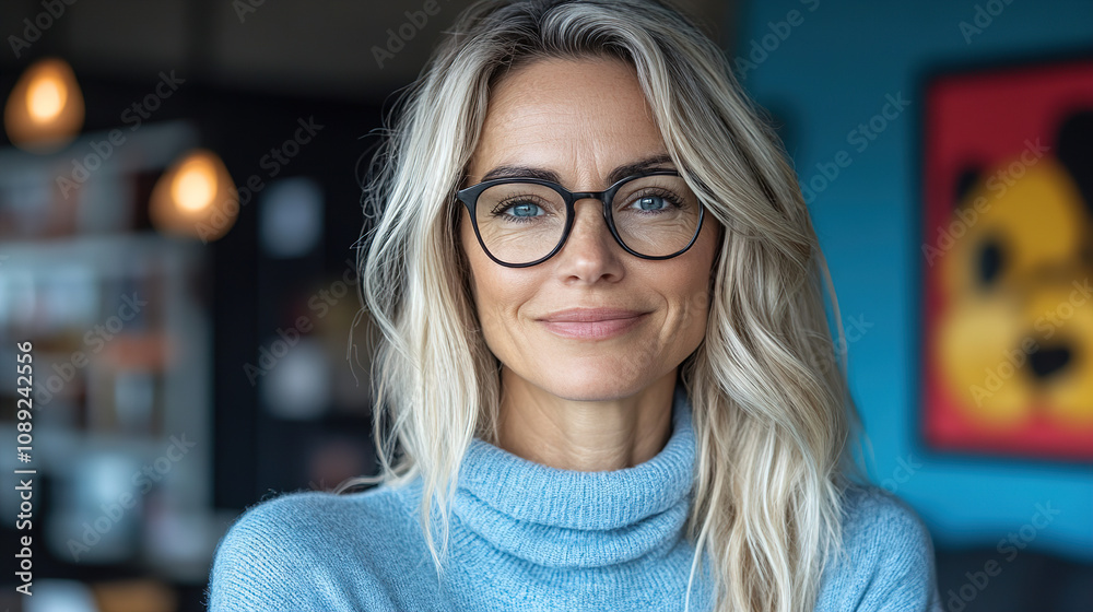 Happy woman with glasses smiles confidently in a cozy cafe setting during a sunny morning. Generative AI Happy woman with glasses smiles confidently in a cozy cafe setting during a sunny morning. Generative AI
