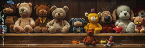 Abandoned Toys: A row of worn stuffed animals and forgotten action figures on a dusty shelf. photo