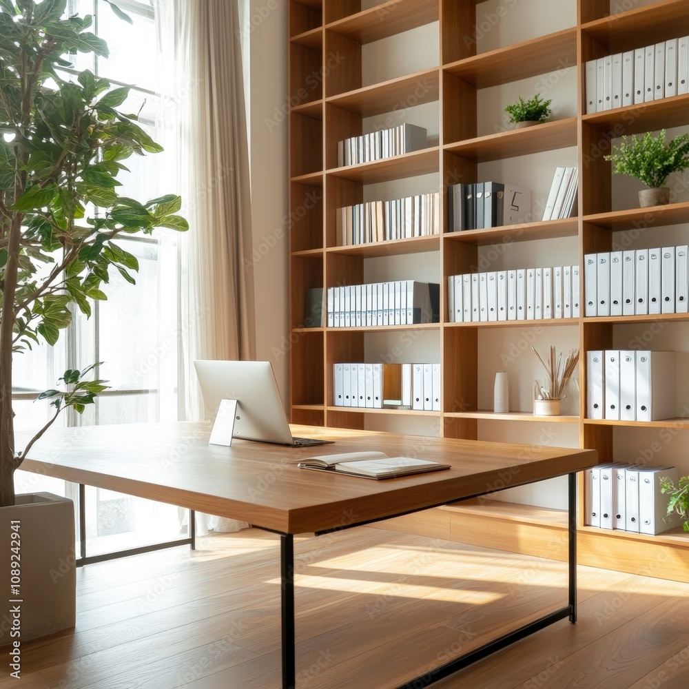 modern office interior with wooden desk and organized shelves