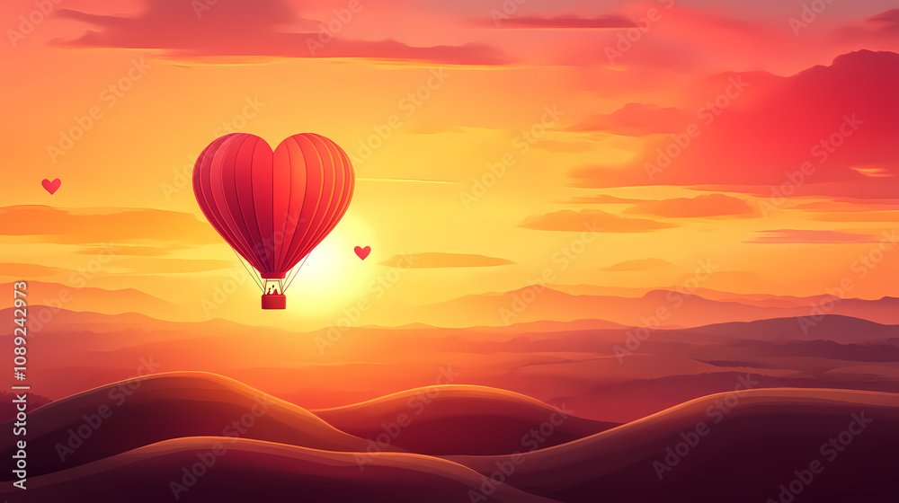 Obraz premium Romantic hot air balloon ride at sunset over rolling hills with heart-shaped design. Dreamy Balloon Ride. Illustration