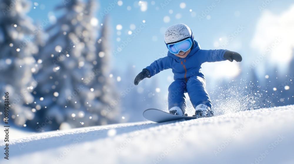 young child snowboarding in a winter wonderland with snowflakes young child snowboarding in a winter wonderland with snowflakes