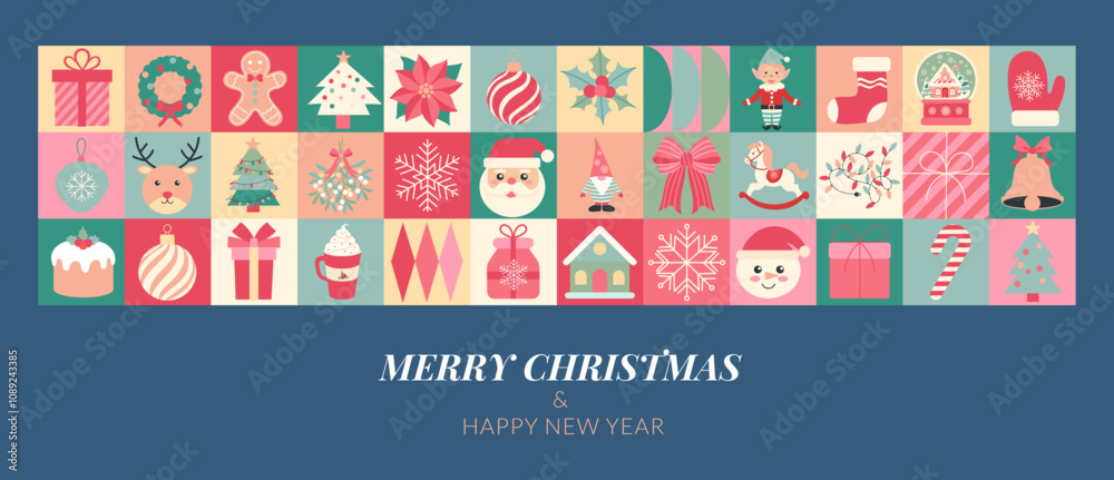 Merry Christmas is written on this blue and pink background. A variety of Christmas decorations, including a Santa Claus, a reindeer, and a Christmas tree. Scene is festive and joyful Merry Christmas is written on this blue and pink background. A variety of Christmas decorations, including a Santa Claus, a reindeer, and a Christmas tree. Scene is festive and joyful
