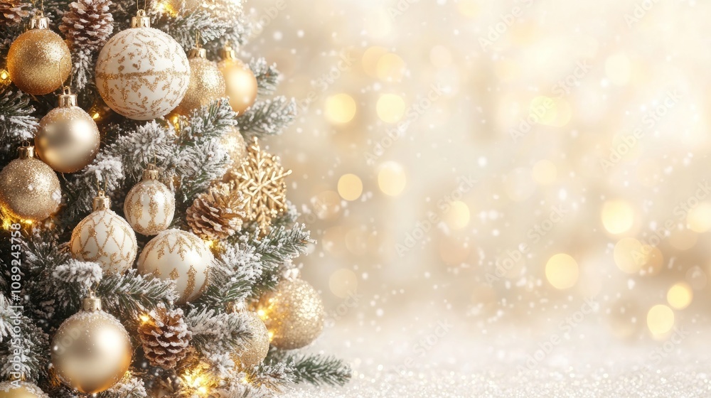 Gold and cream Christmas tree ornaments on snowy branches with bokeh lights. Gold and cream Christmas tree ornaments on snowy branches with bokeh lights.