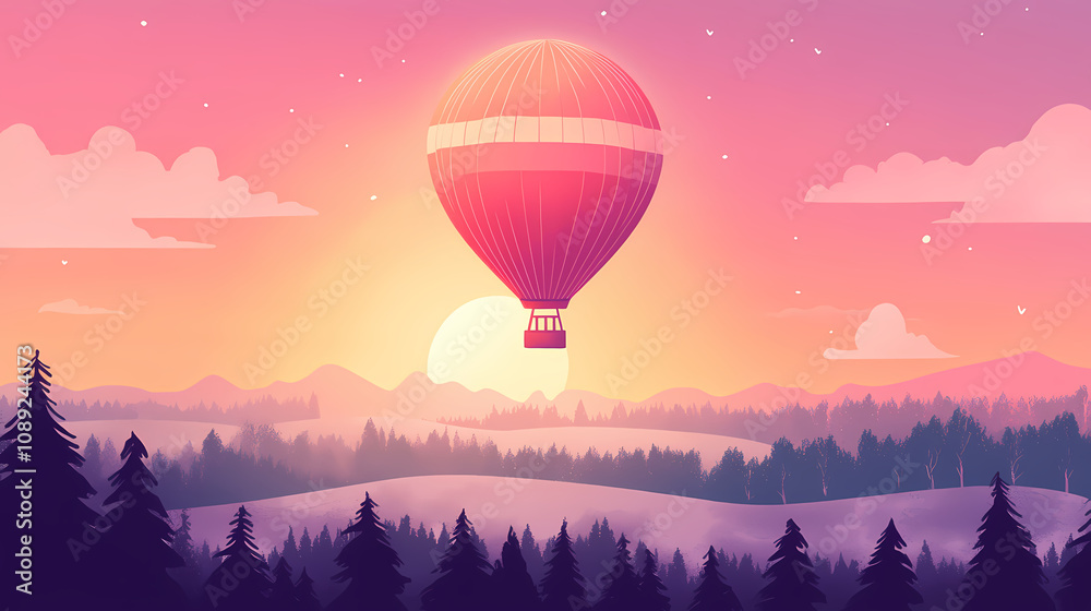 Obraz premium Colorful hot air balloon soaring above scenic landscape at sunrise. Dreamy Balloon Ride. Illustration