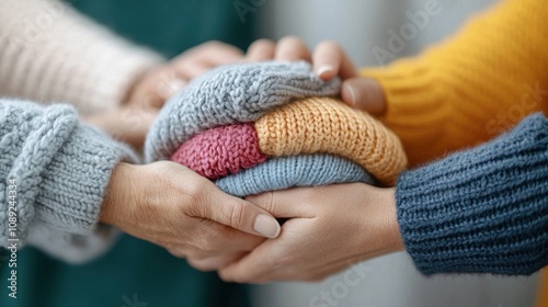 Hands wrapped in a variety of cozy handmade knitted accessories such as sweaters scarves and mittens symbolizing warmth togetherness