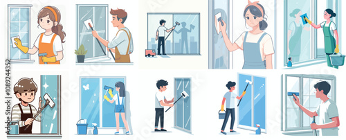 vector, a teenager, is cleaning windows with a simple and minimalist flat design style. white background