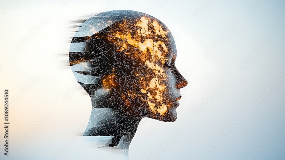 A silhouette of a 3D low poly human head, crafted with geometric shapes and sharp angles