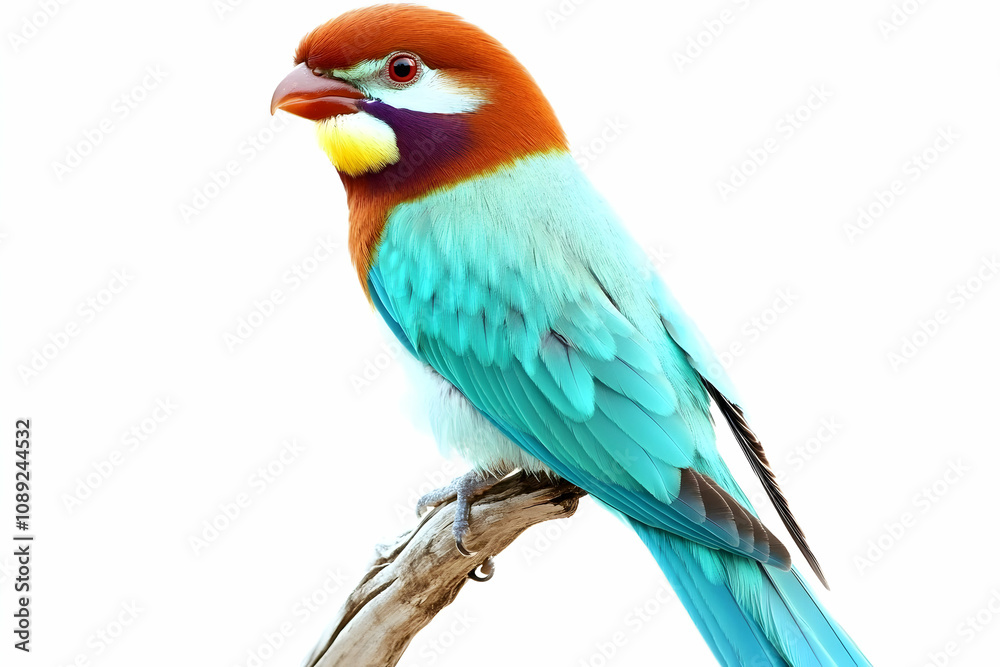 Fototapeta premium Vividly colored bird perched on a branch, isolated on white background. Perfect for nature, wildlife, or avian-themed projects.