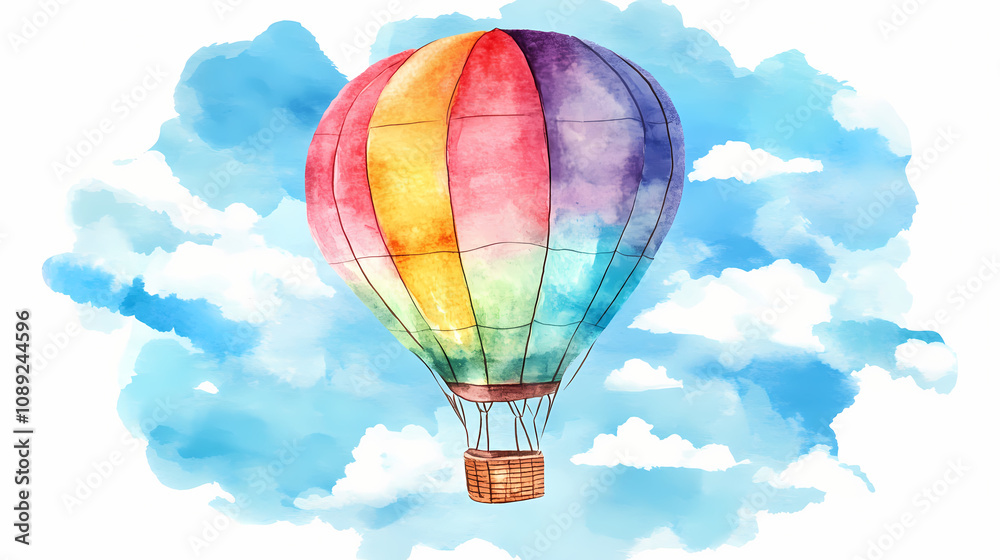 Fototapeta premium A watercolor illustration of a colorful hot air balloon flying in the sky. Dreamy Balloon Ride. Illustration