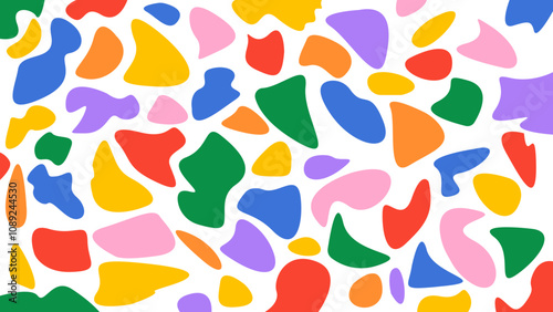 Ilustração de padrão sem emenda de impressão de forma orgânica abstrata colorida em estilo retro. Fundo de cor primária na moda com desenho criativo.