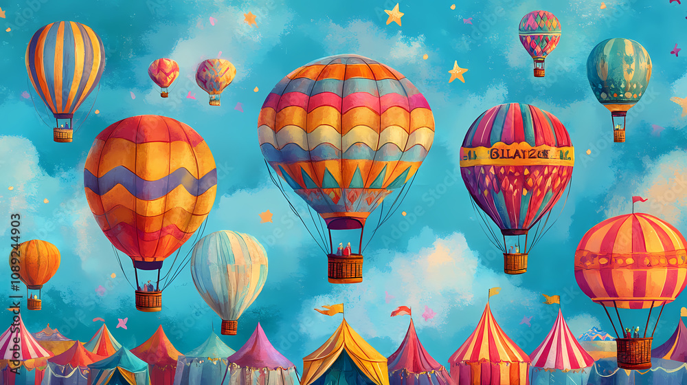 Fototapeta premium A colorful illustration of vibrant hot air balloons and whimsical tents against a dreamy blue background. Dreamy Balloon Ride. Illustration