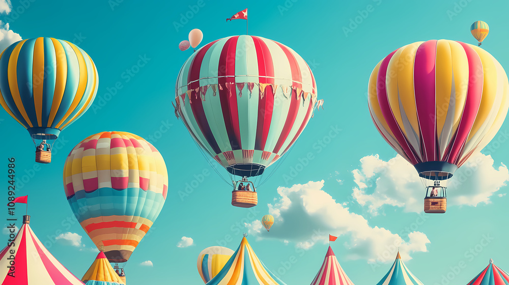 Fototapeta premium A colorful illustration of vibrant hot air balloons and whimsical tents against a dreamy blue background. Dreamy Balloon Ride. Illustration
