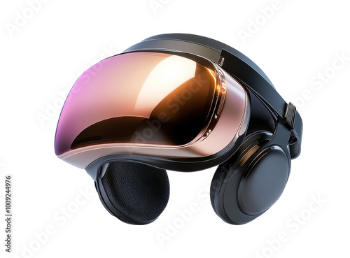 Futuristic virtual reality headset with reflective visor and headphones isolated on white photo