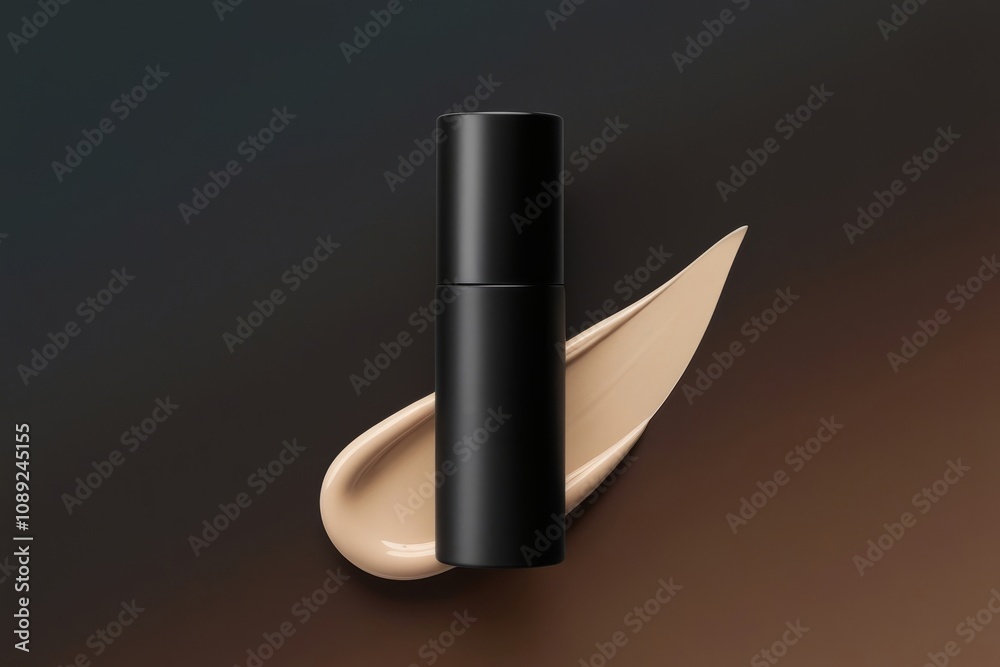 Minimalist black cosmetic tube resting on a curved beige foundation swipe, surrounded by a sleek dark surface Minimalist black cosmetic tube resting on a curved beige foundation swipe, surrounded by a sleek dark surface
