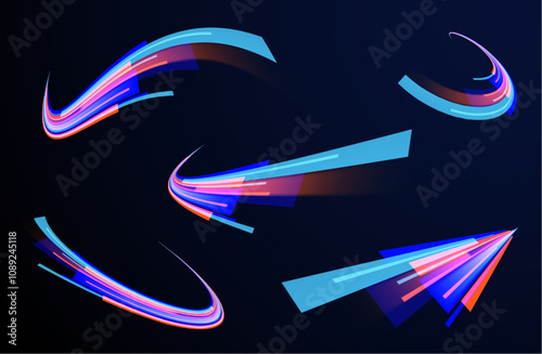 Light arc in neon colors, in the form of a turn and a zigzag. Creative vector illustration of flying cosmic meteor, planetoid, comet, fireball isolated on transparent background. Effect, png, wave,neo