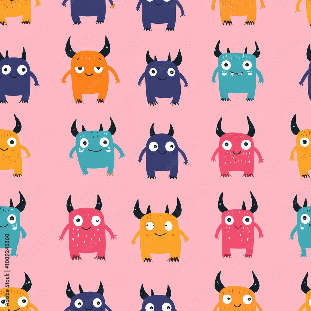 Obraz premium seamless background concept. A playful pattern featuring colorful, cute monsters on a pink background, perfect for children's designs.