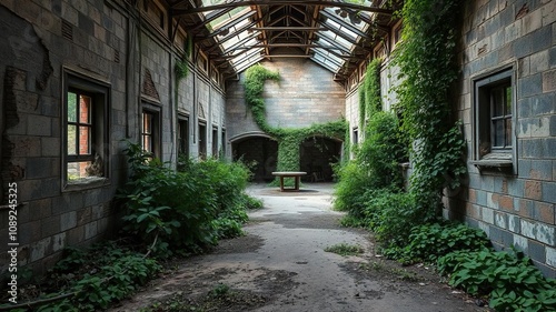 Abandoned asylum with crumbling walls and overgrown vegetation, abandoned institution, ivy covered