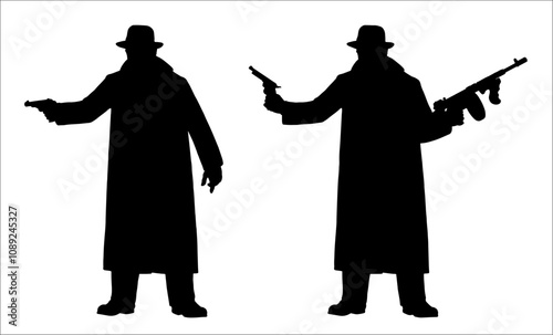 Silhouette illustration with mafia members from the USA of the 1920s. Vector drawing.