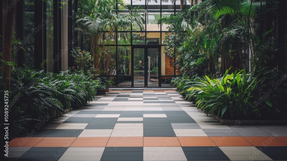 A modern indoor space with a patterned floor and lush greenery. A modern indoor space with a patterned floor and lush greenery.