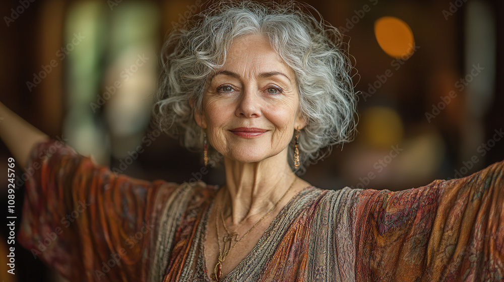 Mature woman with curly silver hair wearing a colorful shawl, smiling warmly in a cozy indoor setting during daytime. Generative AI Mature woman with curly silver hair wearing a colorful shawl, smiling warmly in a cozy indoor setting during daytime. Generative AI