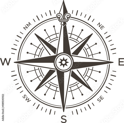 Wind rose showing north, south, east and west cardinal directions, including intermediate directions, helping sailors and navigators finding their way across oceans and lands