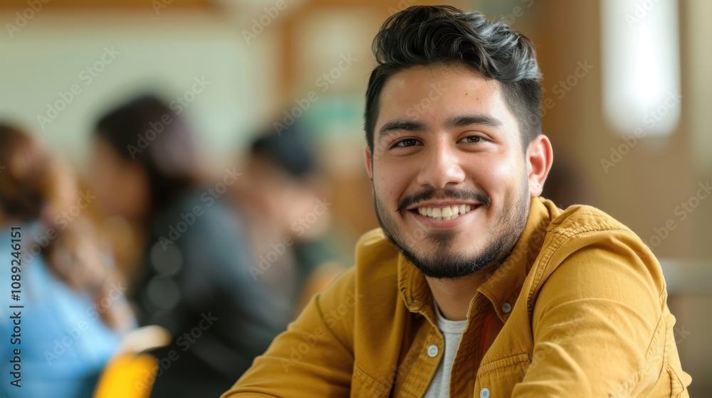 A confident Latino male college student smiles while studying in a bright classroom